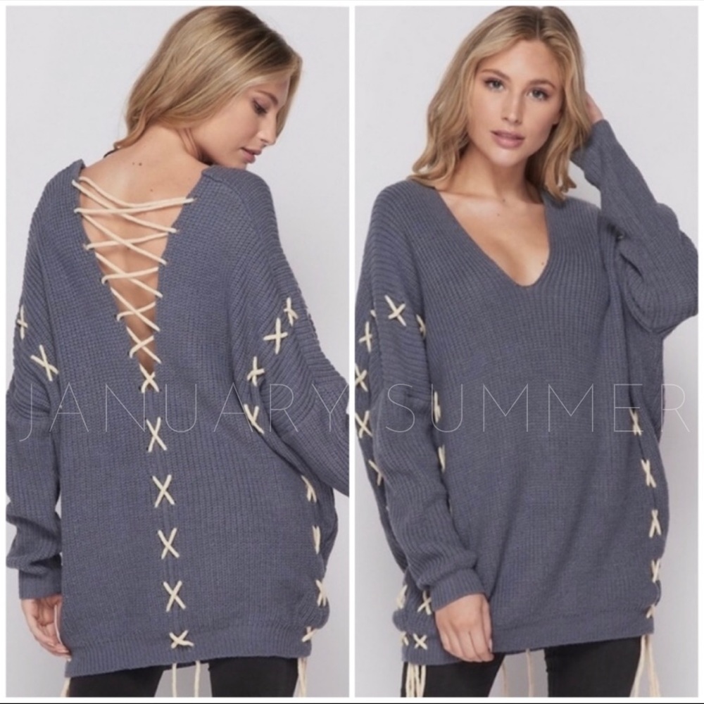 ❄️BLUE MOHAIR BLEND LACE UP SWEATER - Picture 3 of 9